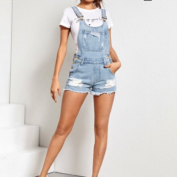 Ripped raw hem slant pocket denim overall - Picture 4 of 7